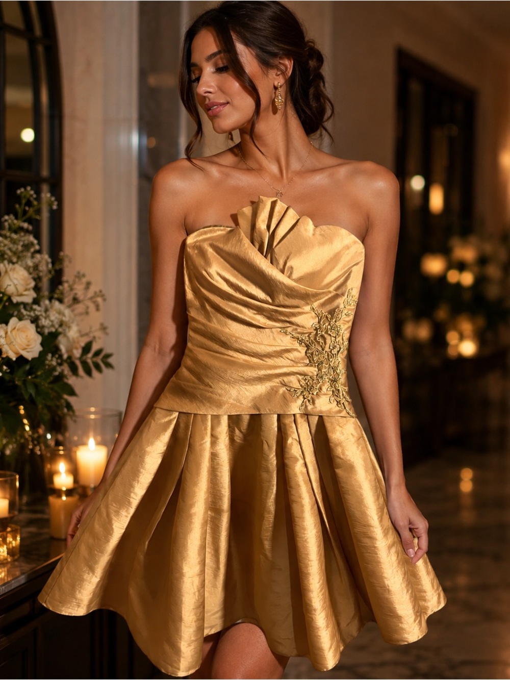 May Queen Strapless Gold Pleated Bodice Cocktail Dress